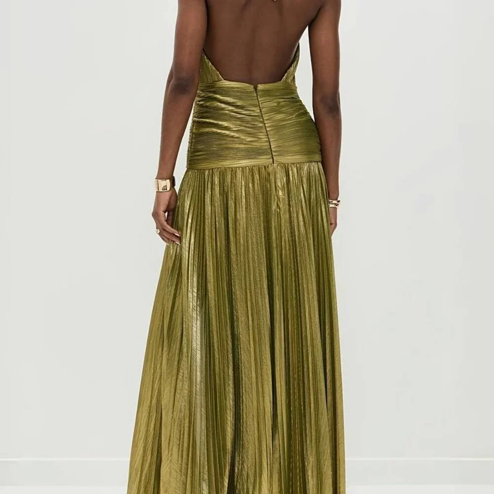 Pleated Maxi Gown | Glitter Green Halter Neck | Slit Maxi Dress - Picture 4 of 6